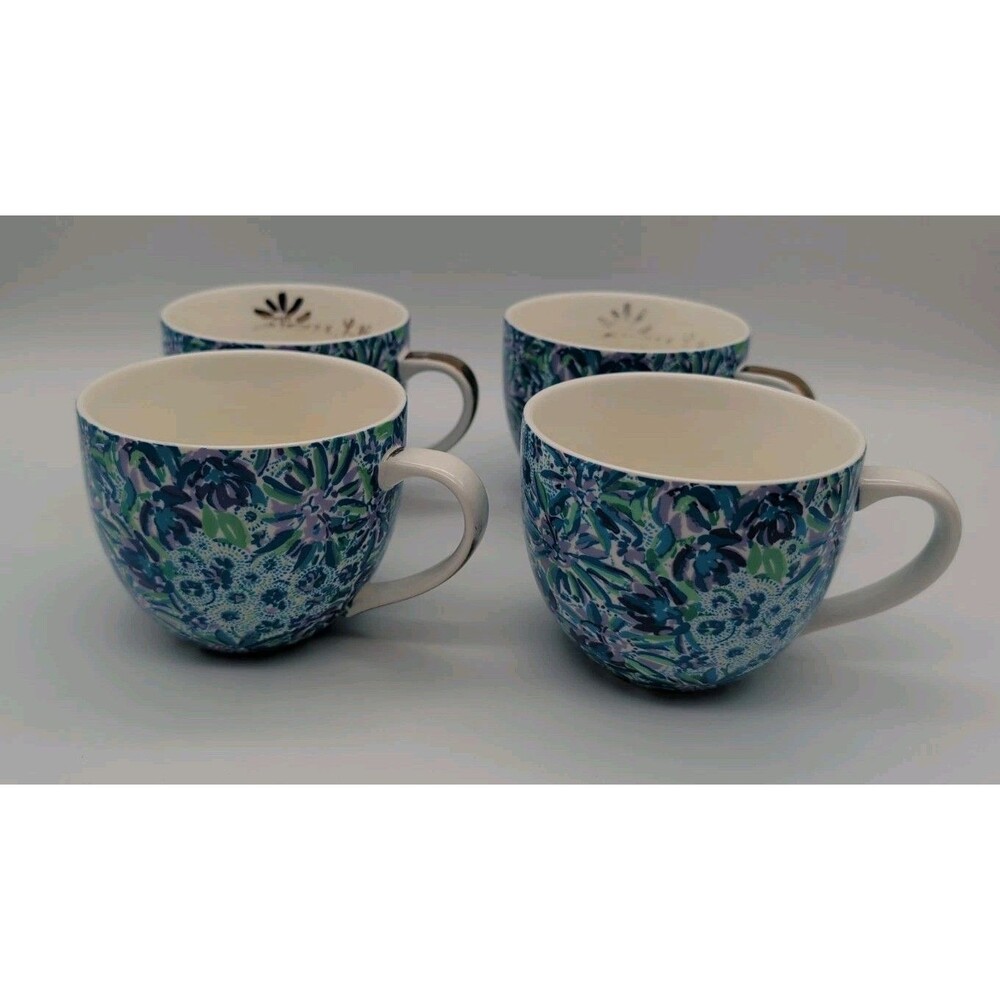 4 Lily Pulitzer Oversized Mugs 12 Oz Blue Green Purple Tropical Cat Faces